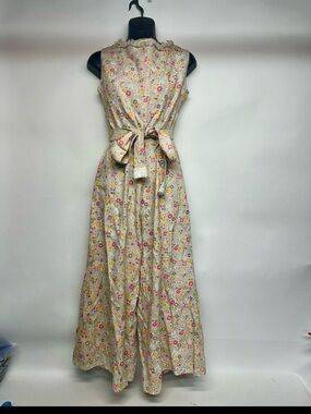 Floral Tie-Waist Sleeveless Maxi jumpsuit- Pink & Cream vintage size small